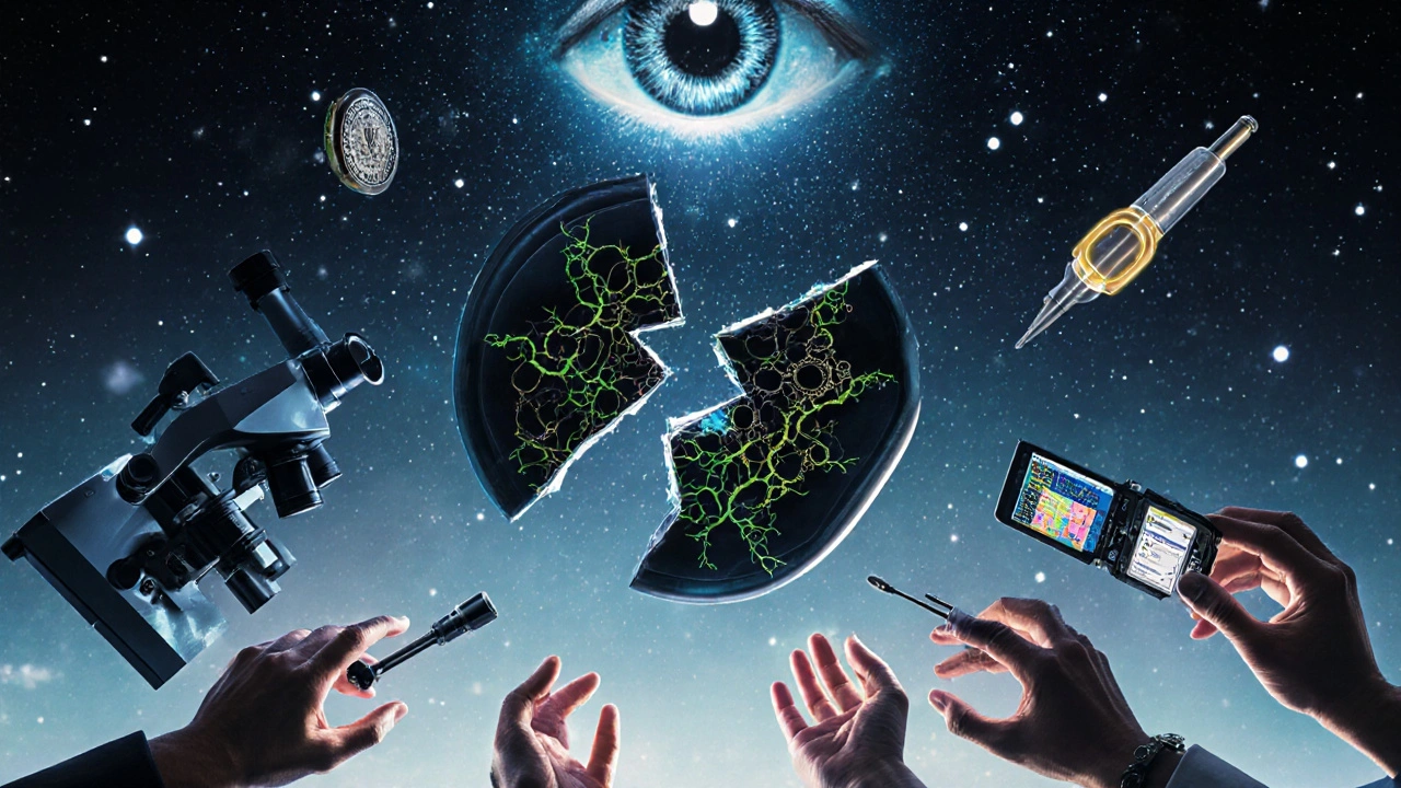 A broken pill with contrasting eras reflected in its shards, watched by celestial regulatory eyes.