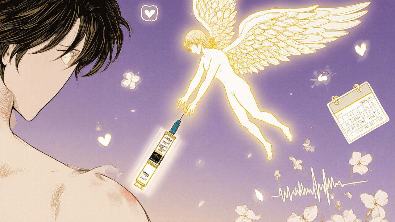 A celestial figure representing medication descending toward a patient, surrounded by floating calendars and petals.