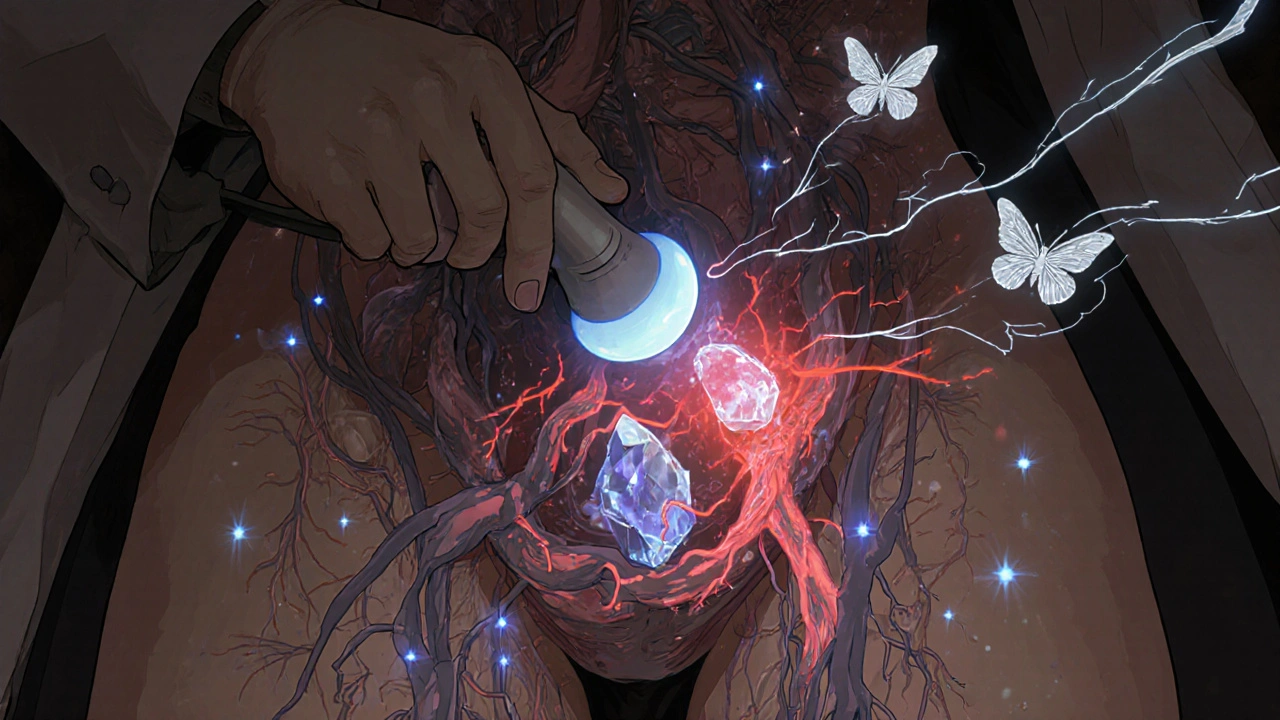 A doctor using an ultrasound probe as anticoagulant dragonflies dissolve a crystalline clot in a mystical internal landscape.