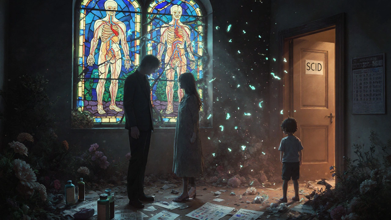 A family beneath a crumbling immune system stained glass, with a spectral child drifting toward SCID.