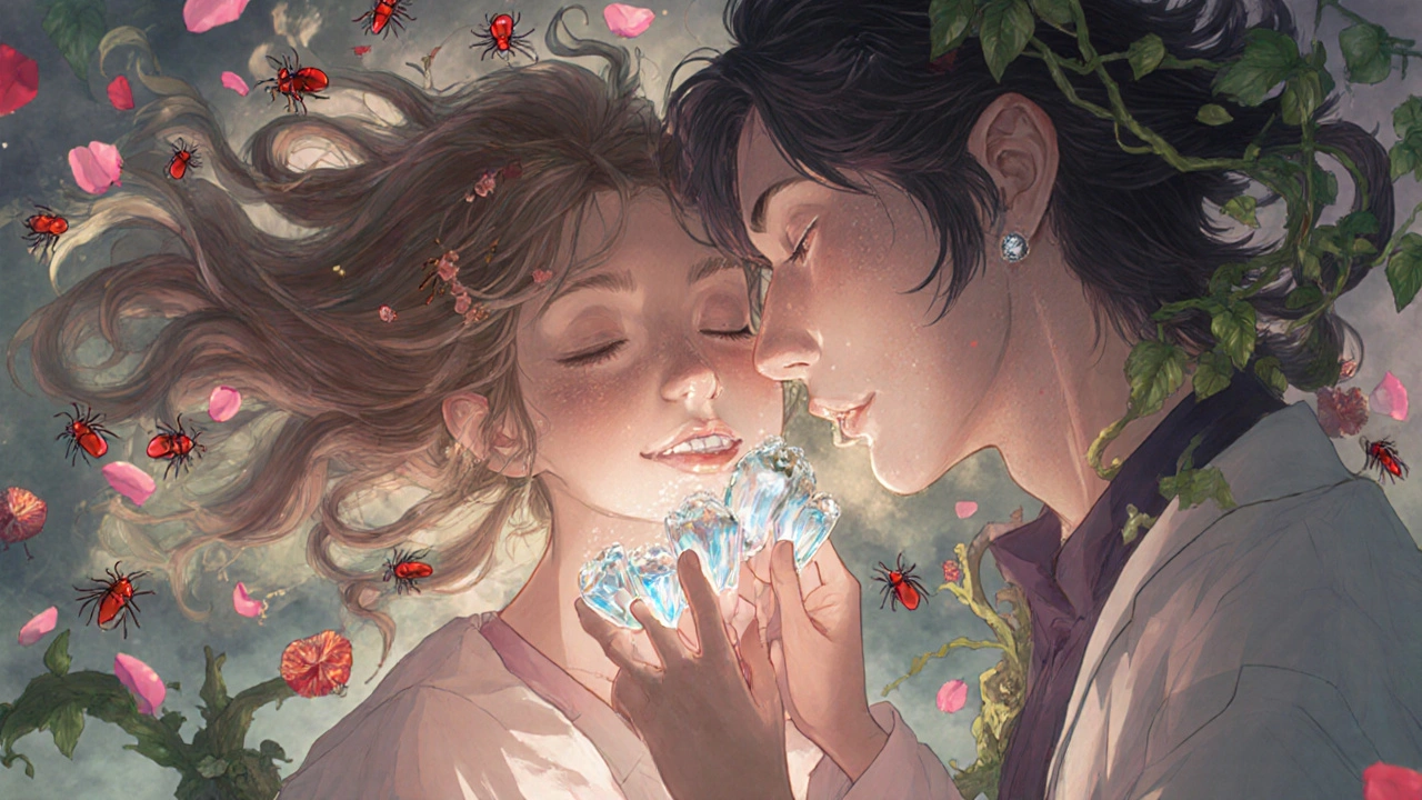 A girl smiles beside a dentist with vine-like hands, her teeth glowing like gemstones as ticks turn to petals.