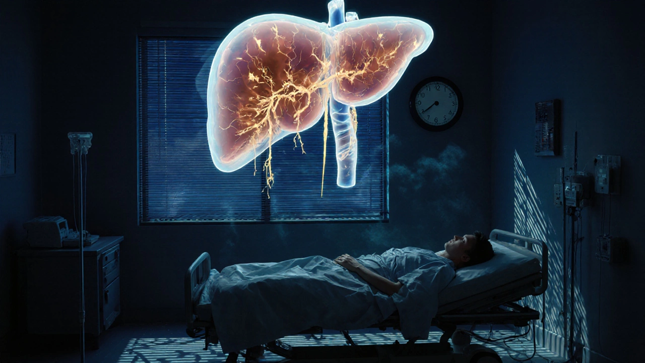 A glowing liver heals as NAC infusion reverses acetaminophen poisoning in a moonlit hospital room.