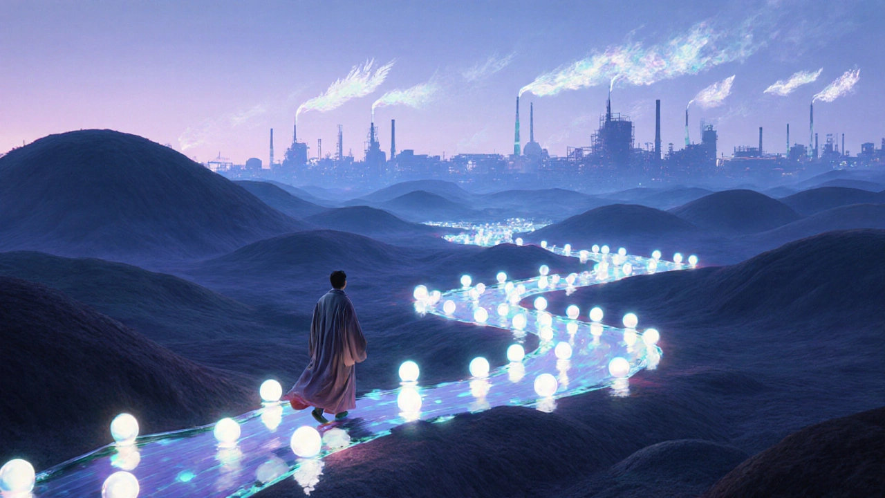 A luminous fractal design space with a scientist walking on PAT sensor paths under a twilight sky.