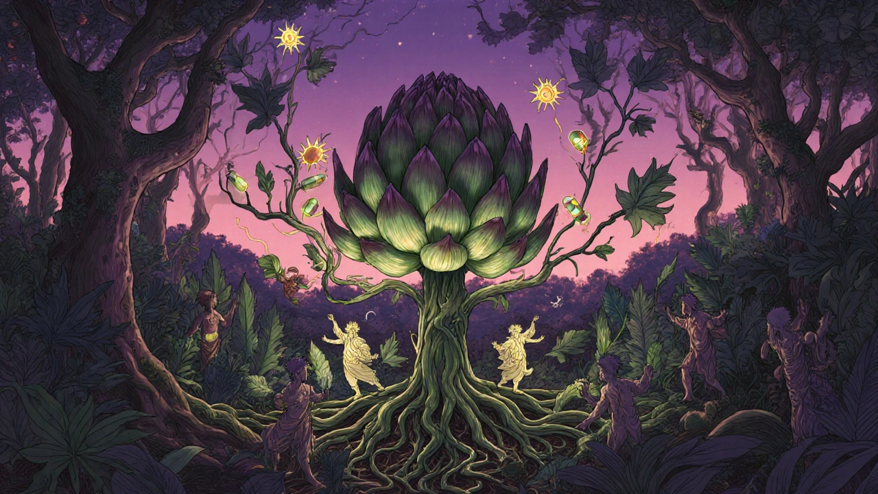 A mystical forest with an artichoke plant whose roots form a liver, bearing capsules as fruit, with tiny spirits dancing among glowing leaves.
