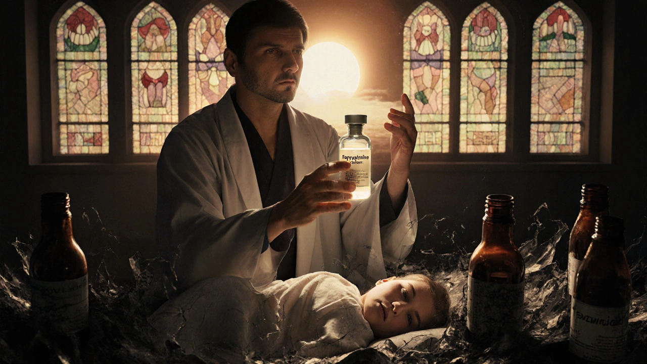 A pediatrician holds a glowing doxycycline vial above a sleeping infant as old antibiotic bottles crumble.