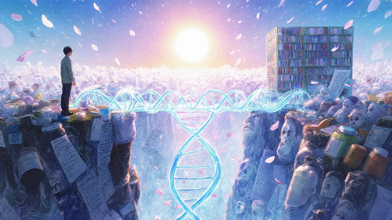 A person standing at a cliff of pill bottles, gazing at a glowing DNA bridge leading to healing and knowledge.