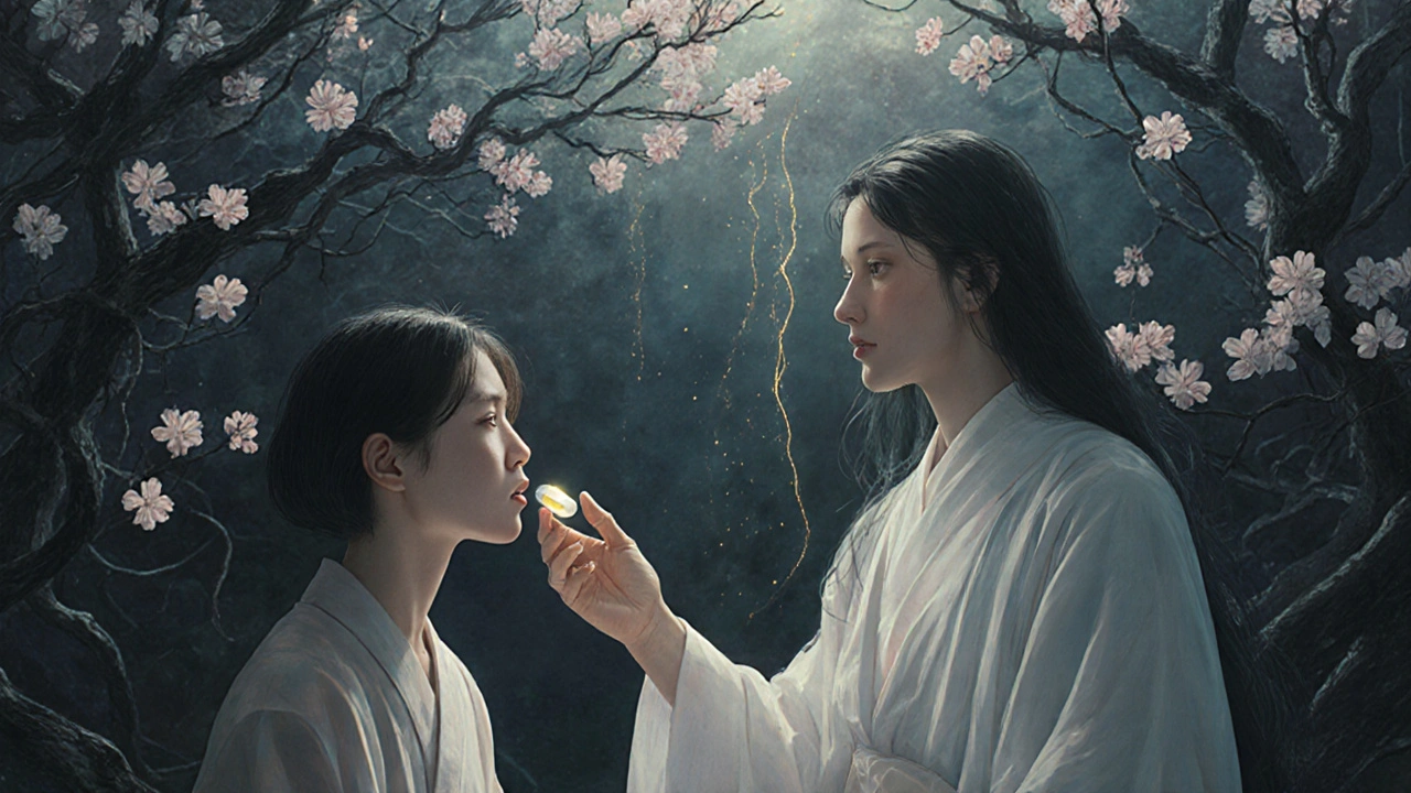 A person taking a pill as golden threads of immune response unravel dark vines into blossoms.