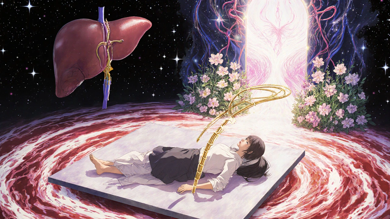 A transplant candidate on a floating platform with a golden TIPS shunt bridging to a radiant healthy liver garden.