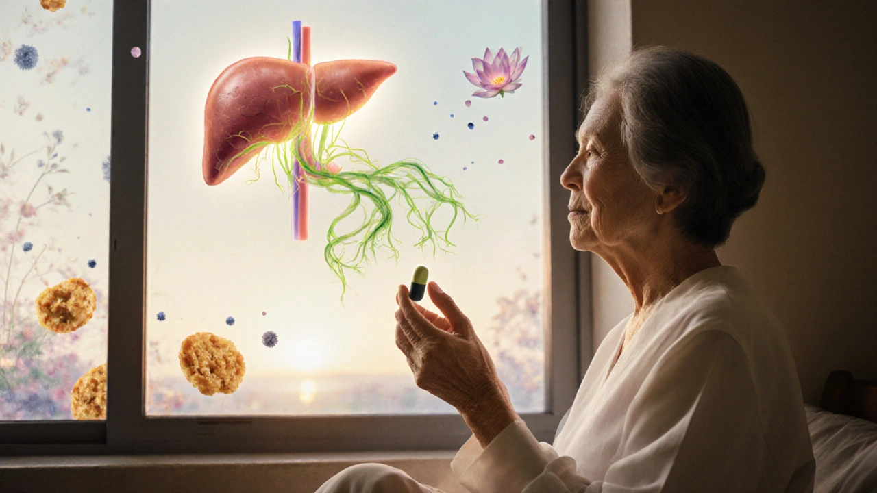 A woman holding an artichoke capsule as bile flows into a lotus-shaped liver, surrounded by floating floral motifs.
