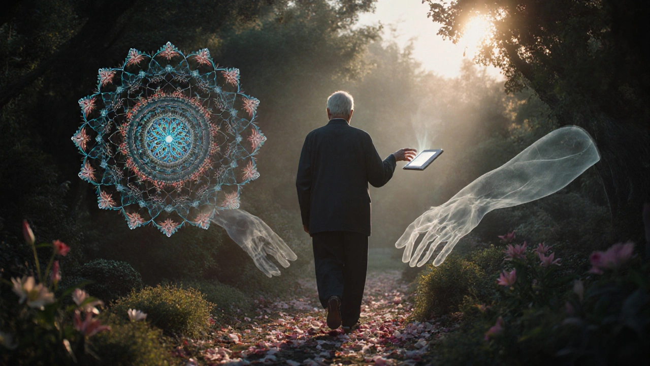 An elderly man walking through a misty garden as ghostly hands dissolve into petals beside a floating tablet.