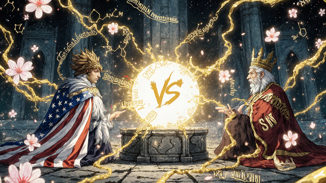 Ancient altar with USAN and INN councils debating a glowing orb, ink tendrils forming drug name pairs.