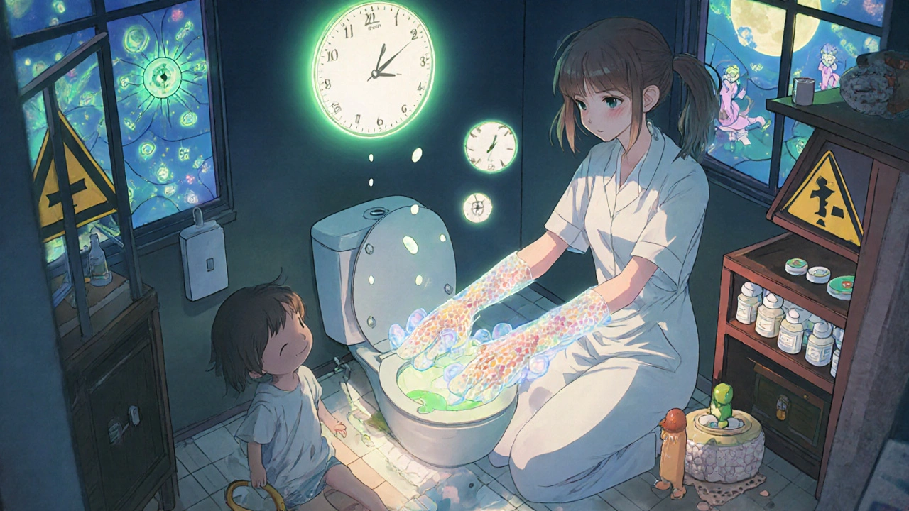 Caregiver in floral gloves cleans a chemotherapy spill at home, with a glowing clock and locked cabinet in a moonlit room.