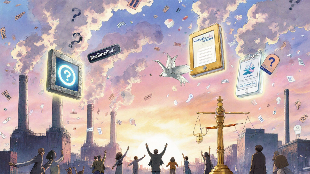 Cityscape with four glowing portals representing trusted drug information sources.