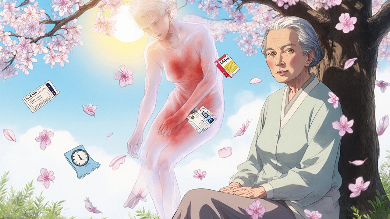 Elderly woman in garden, calm and protected, while a spectral version of her past self suffers sun damage.