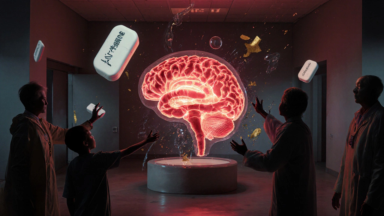 Floating Artane tablets and a stained-glass brain surrounded by patient silhouettes in a surreal clinic.