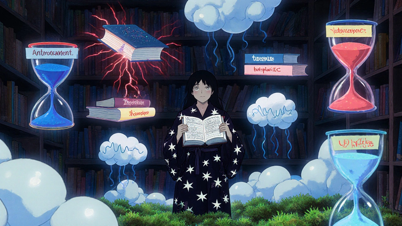 Floating books with antidepressant names emit different colored lights in a mystical library, while a figure tracks sleep in a journal.