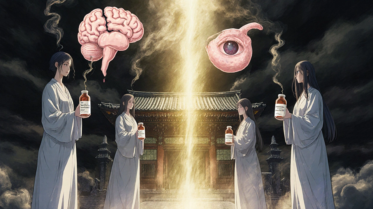 Floating fetal malformations surrounded by melting benzodiazepine bottles in a dreamlike temple.