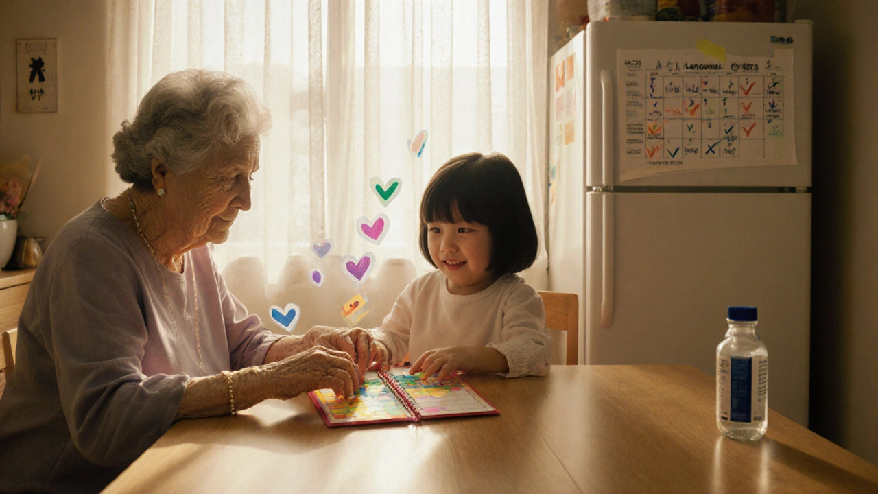 Grandmother and child organize pills at a kitchen table, sunlight casting gentle light.