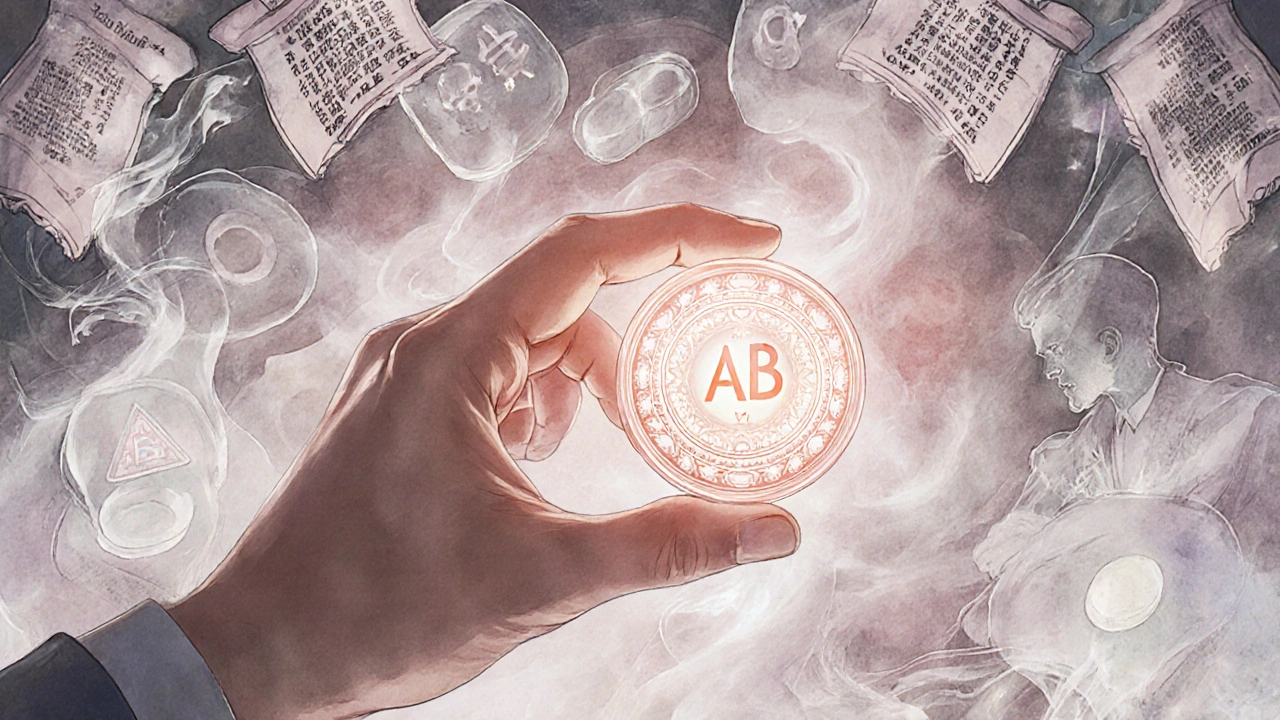 Hand holding a pill with a glowing AB rating as other pills dissolve into smoke.