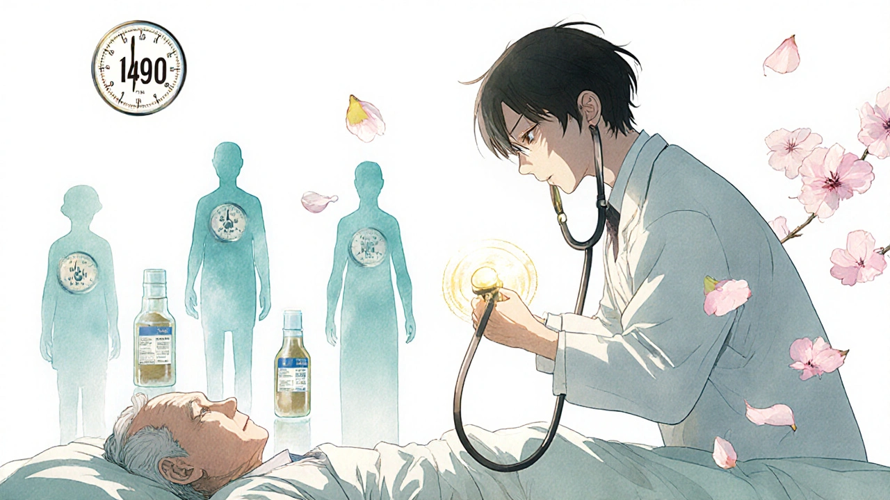 Medical examiner with glowing stethoscope measuring blood pressure drop over elderly patient.