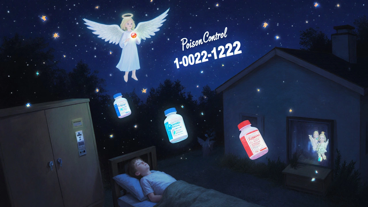 Medication bottles float like lanterns above a locked cabinet, glowing with colored light.