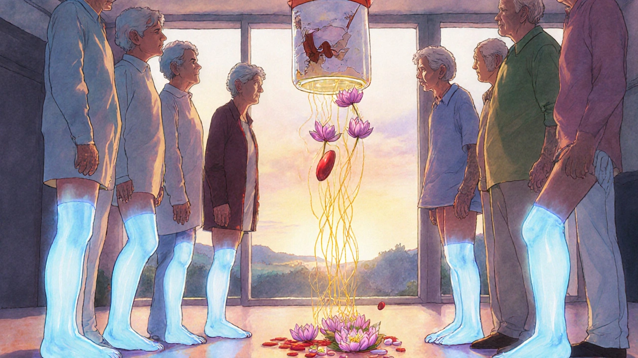 Older adults in circle with glowing compression stockings, golden blood rising to their hearts.