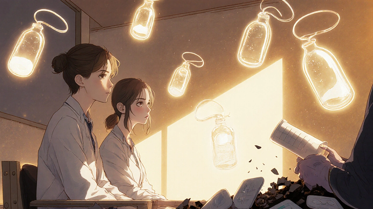 Patient and provider beside floating IUDs, with crumbling birth control items in shadow.