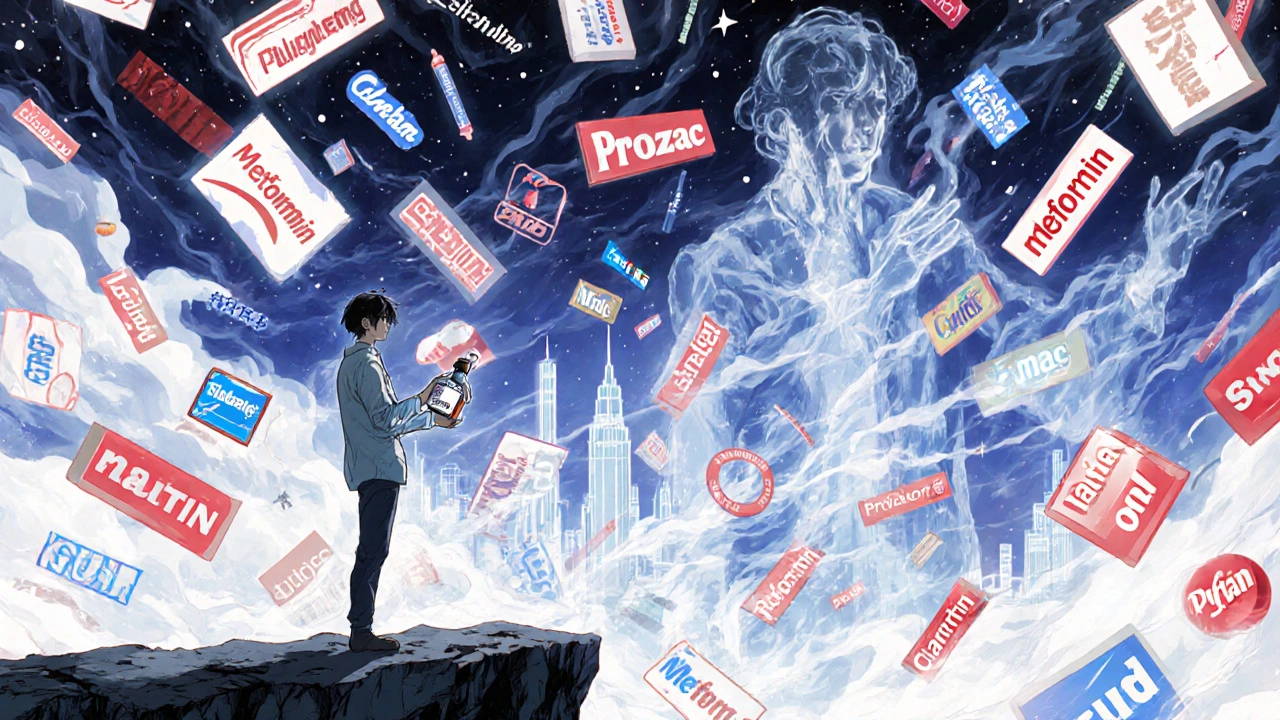 Patient holding generic drug vial as brand names swirl around, scientists etching stems into the sky.