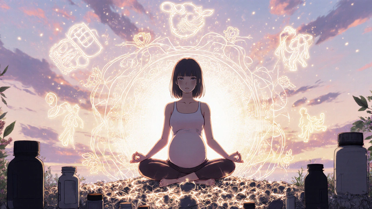 Pregnant woman meditating as healing symbols form a protective mandala around her, pills crumbling away.