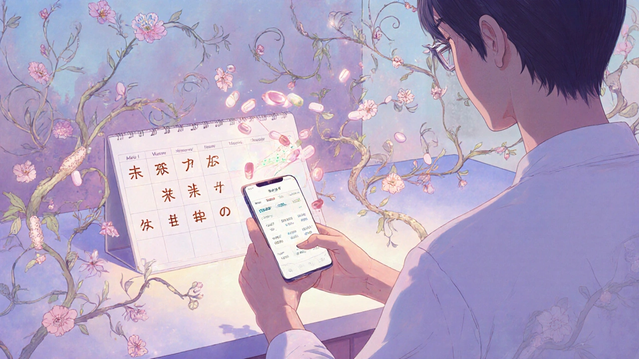 Someone using a smartphone app with ornate symbols while a pill organizer is surrounded by blooming vines.