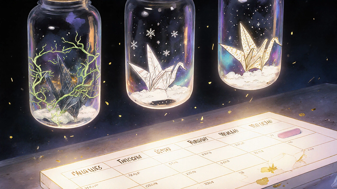 Three medication tapers visualized as delicate paper cranes dissolving into patterns of vines, snowflakes, and auroras.