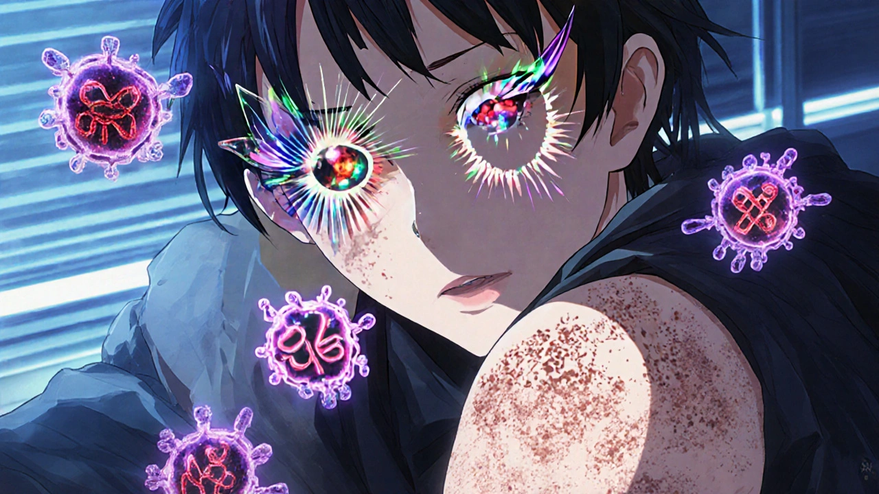 Three types of lupus rashes depicted as glowing, rune-like patterns on skin, surrounded by pulsing immune proteins.