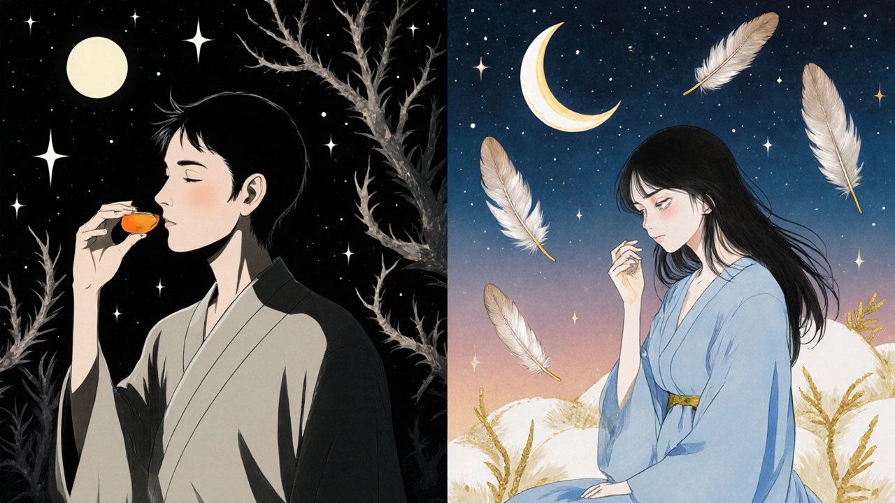 Two figures receive different antidepressants at dawn and dusk, one surrounded by spiky vines, the other by calming feathers and moons.