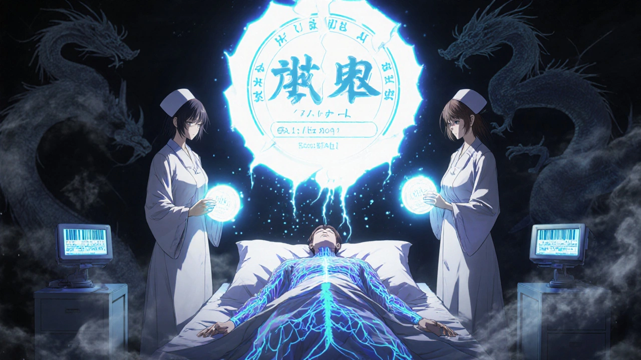 Two nurses perform bedside verification with glowing IDs as a lotus-shaped seal opens above a patient, surrounded by fading errors.