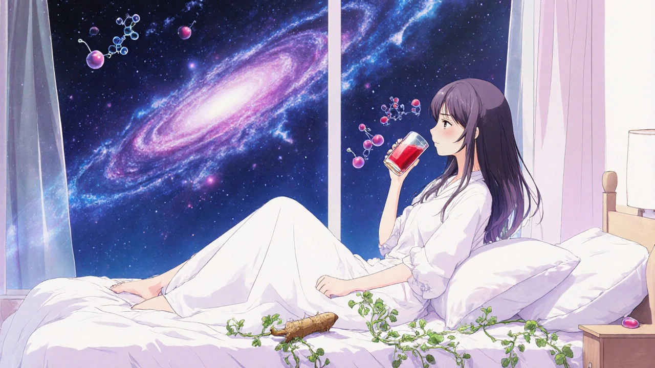 Woman drinking tart cherry juice at night, hormonal clouds swirling, cooling pillow nearby.
