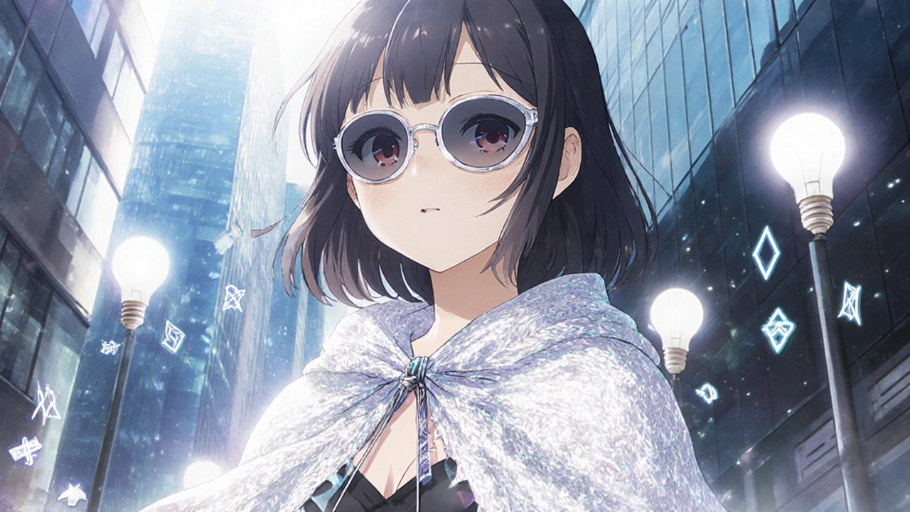 Woman in protective clothing with UV-filtering glasses, standing confidently under safe LED lighting.