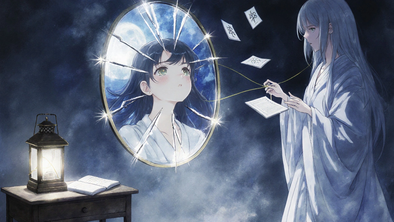 Woman in therapy as a spirit mends her sleep mind with golden thread, soft lantern light.