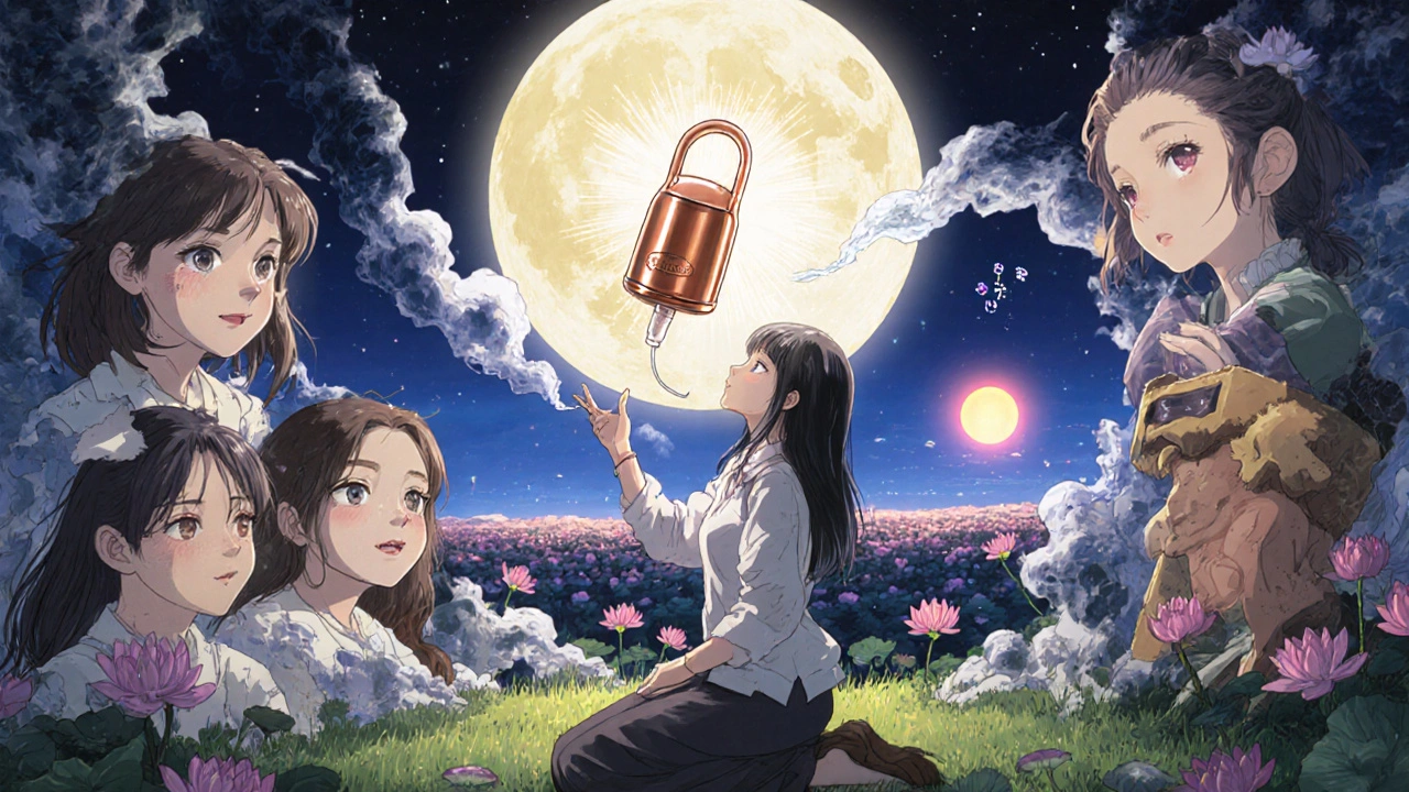 Woman touching copper IUD in moonlit garden, hormonal methods dissolving into smoke.