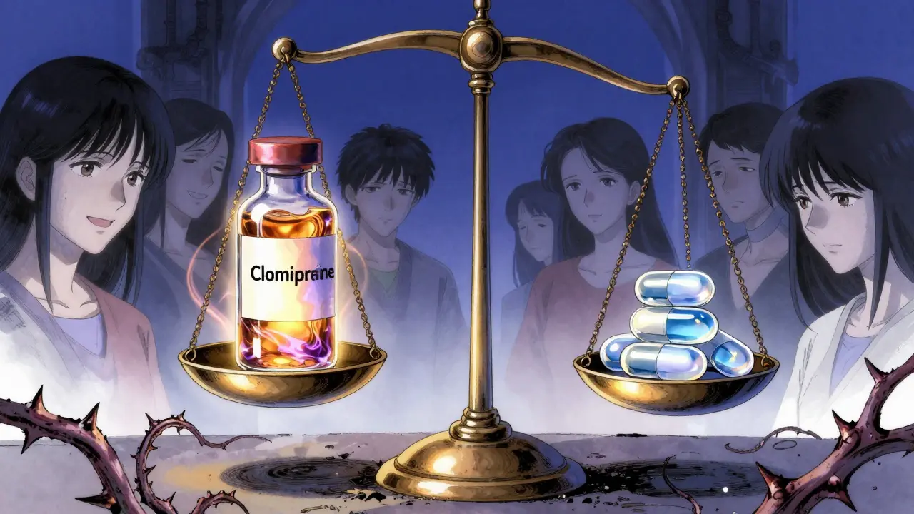A balance scale with clomipramine and SSRIs, surrounded by patient silhouettes, ethereal anime style.