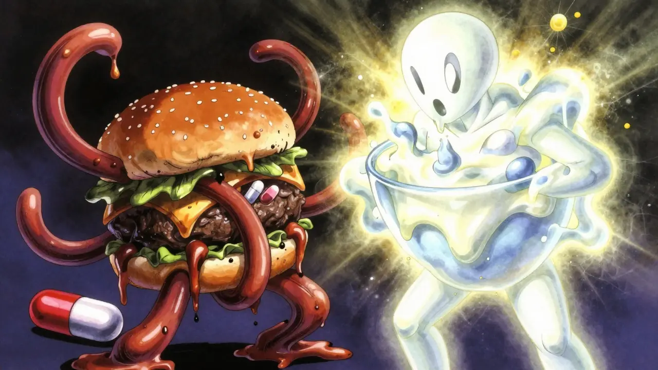A burger with oily tentacles binds a capsule, while yogurt dissolves into golden bile particles in a dramatic fantasy battle.