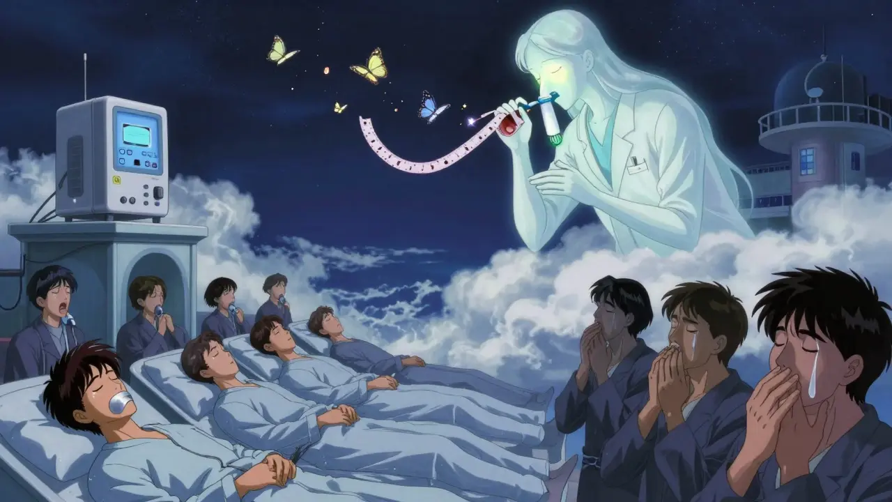 A celestial temple with CPAP devices and butterflies, while others suffer in shadows with taped mouths.