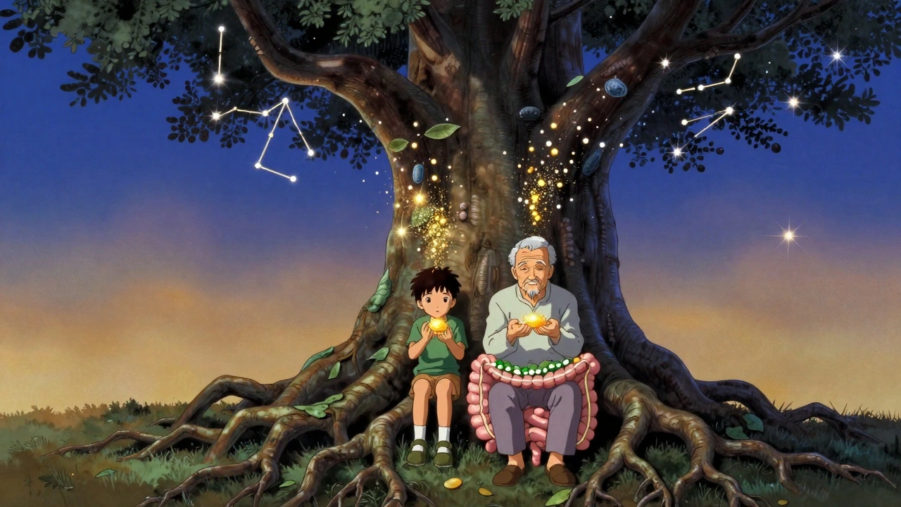 A child and elder share probiotics under a tree shaped like intestines, with spores rising to form stars.