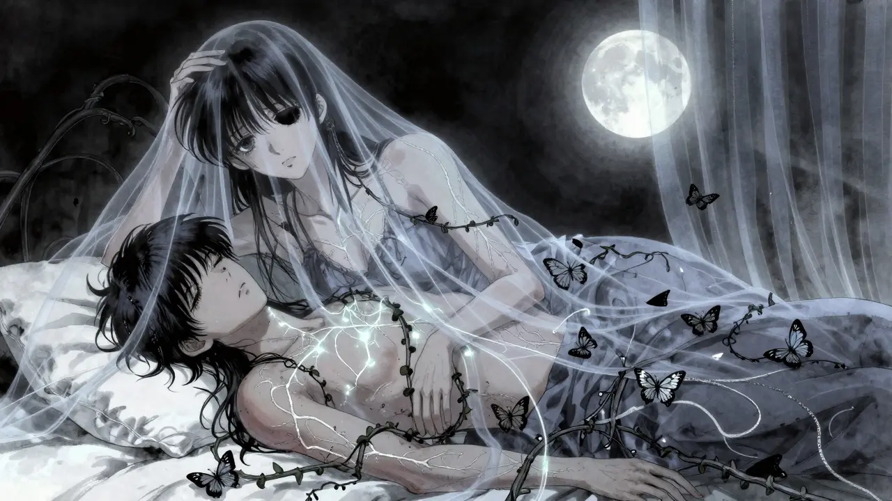 A couple in bed, one staring at the ceiling, surrounded by vines and butterflies representing sexual dysfunction from SSRIs.