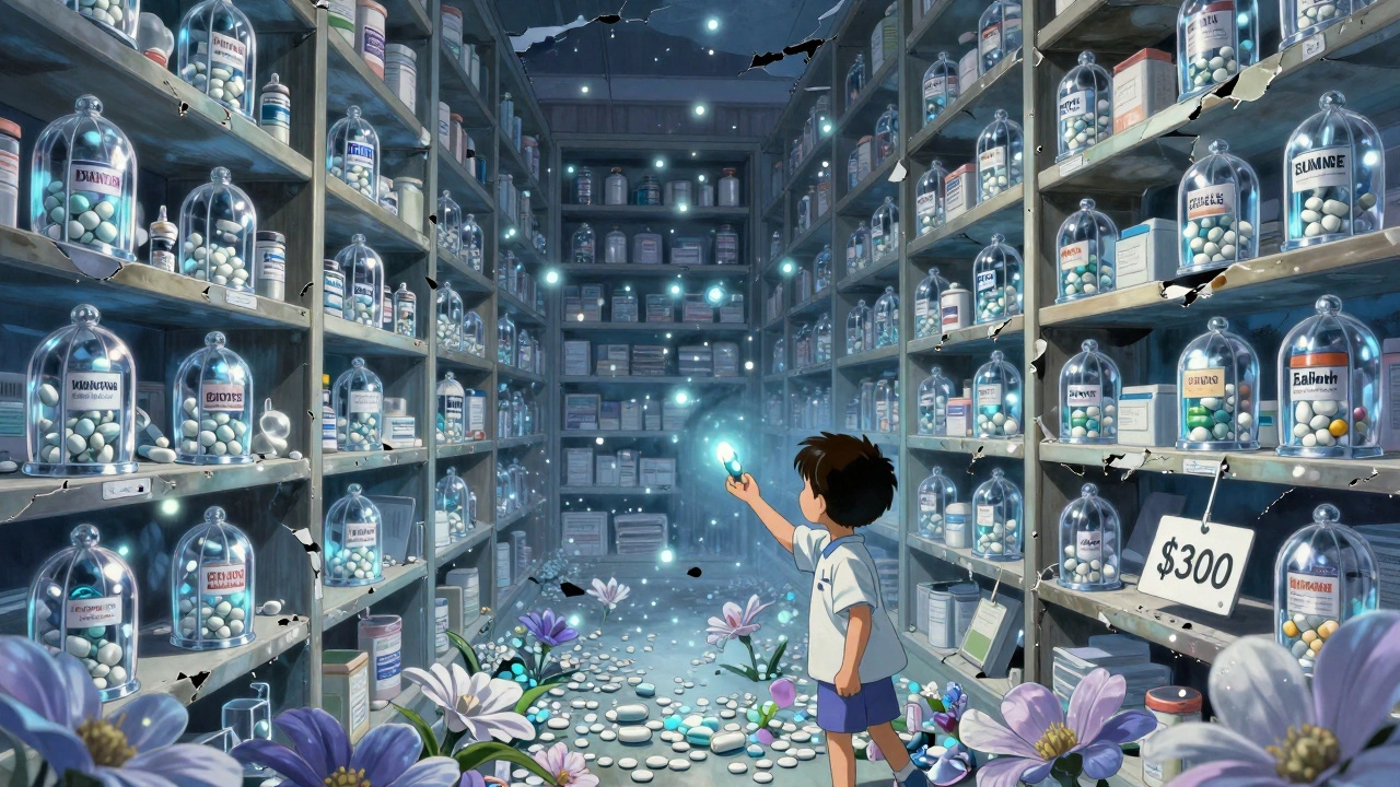 A crumbling pharmacy shelf with brand-name pills in cages, while generic tablets rise like fireflies toward a child.