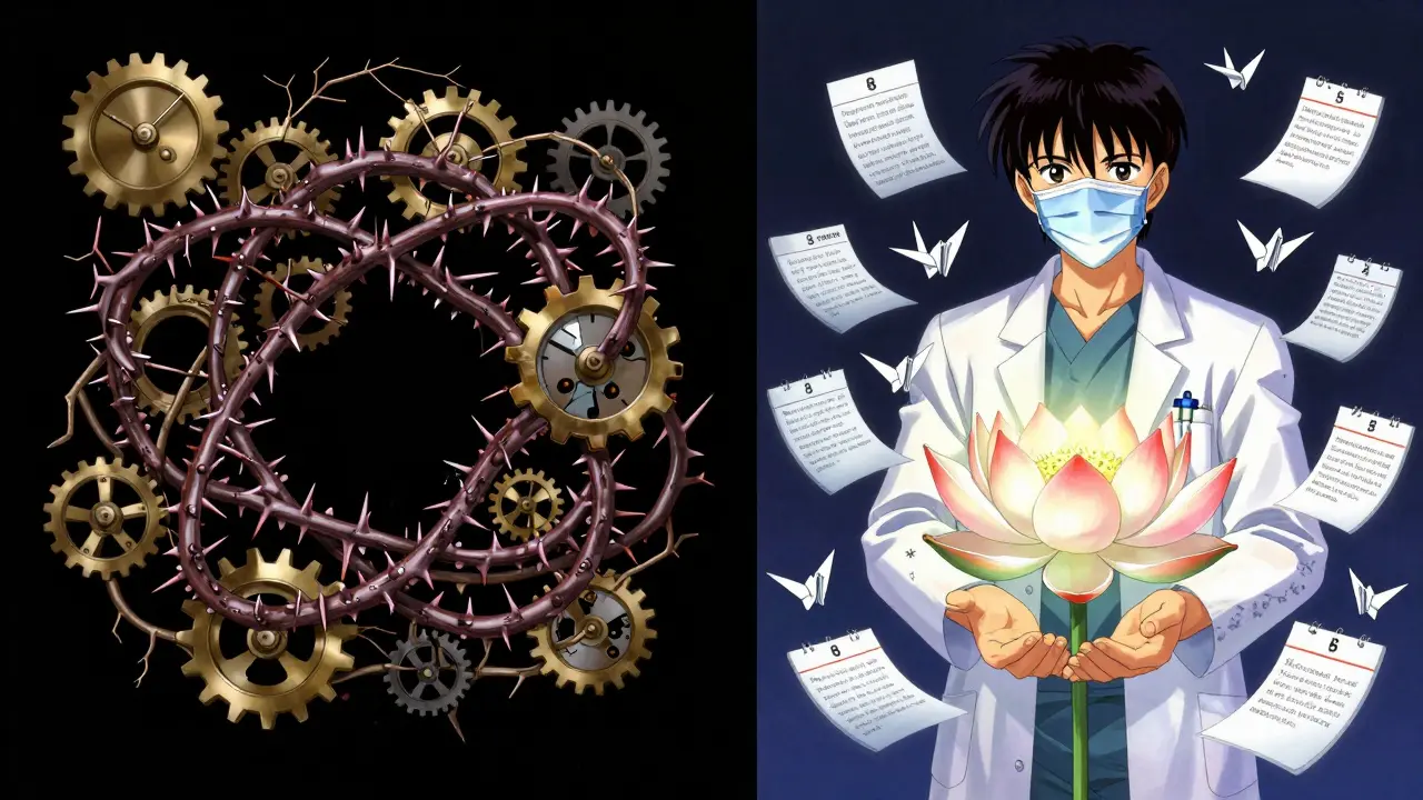 A dark knot of migraine days transforms into a blooming lotus with only 8 bright days, tended by a neurologist.