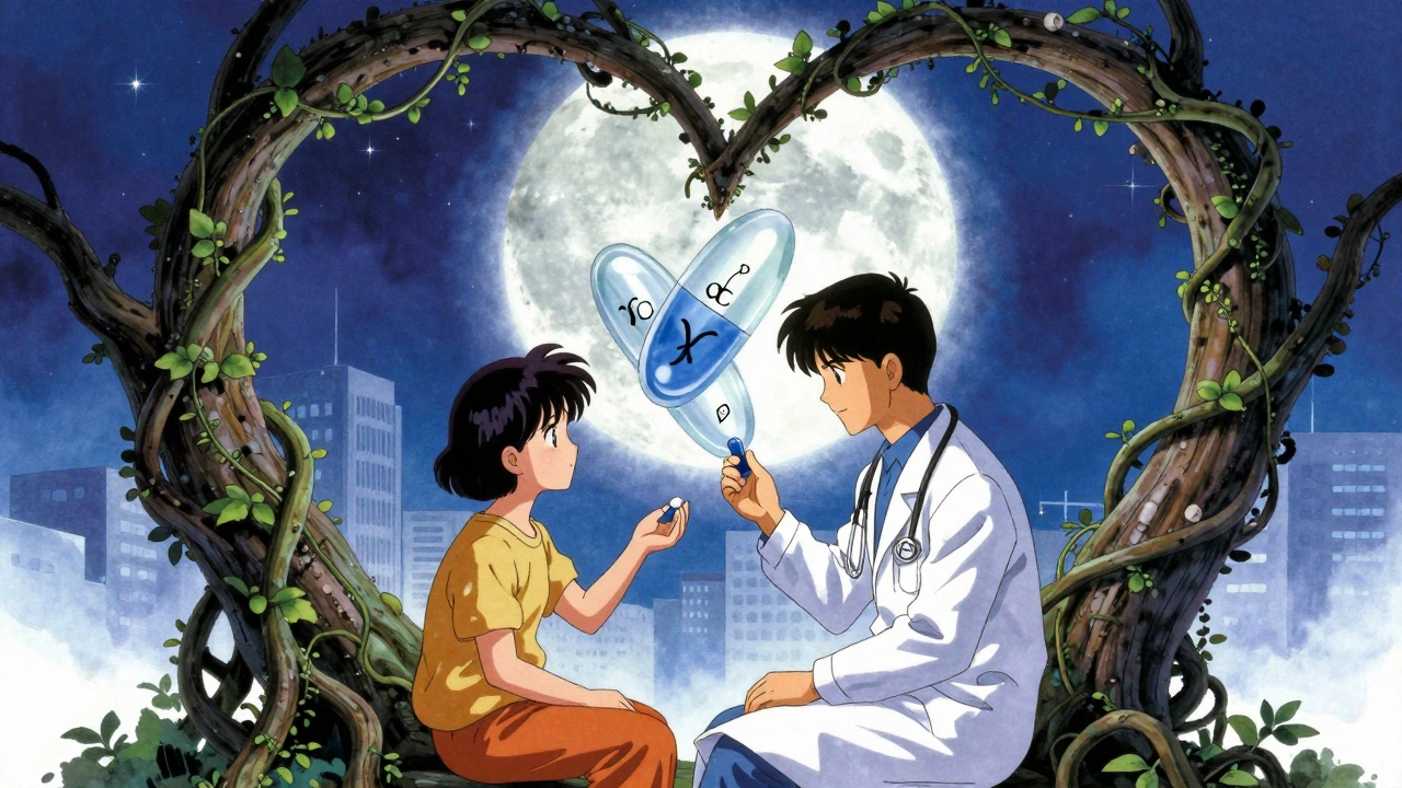 A doctor and patient sit under a vine heart canopy as a triple-combo pill floats above them in ethereal form.