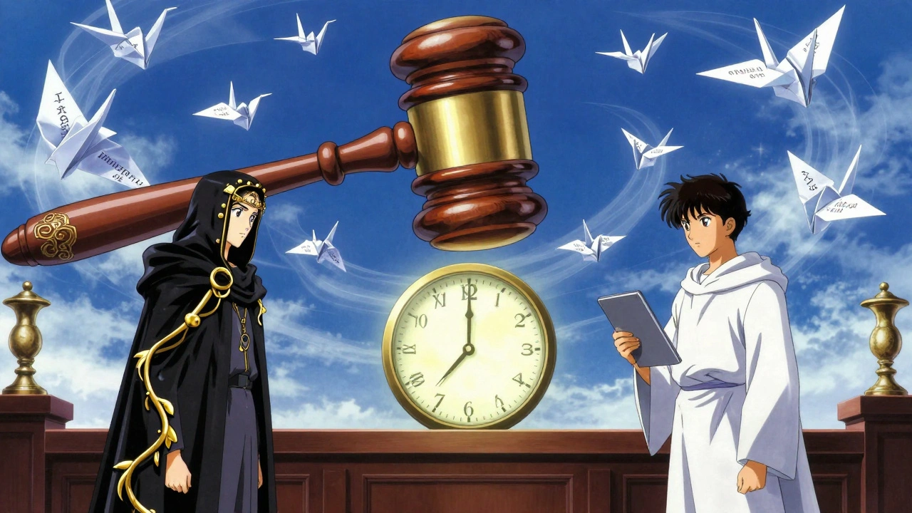A dreamlike courtroom with opposing figures and a glowing 180-day clock, surrounded by legal certifications.
