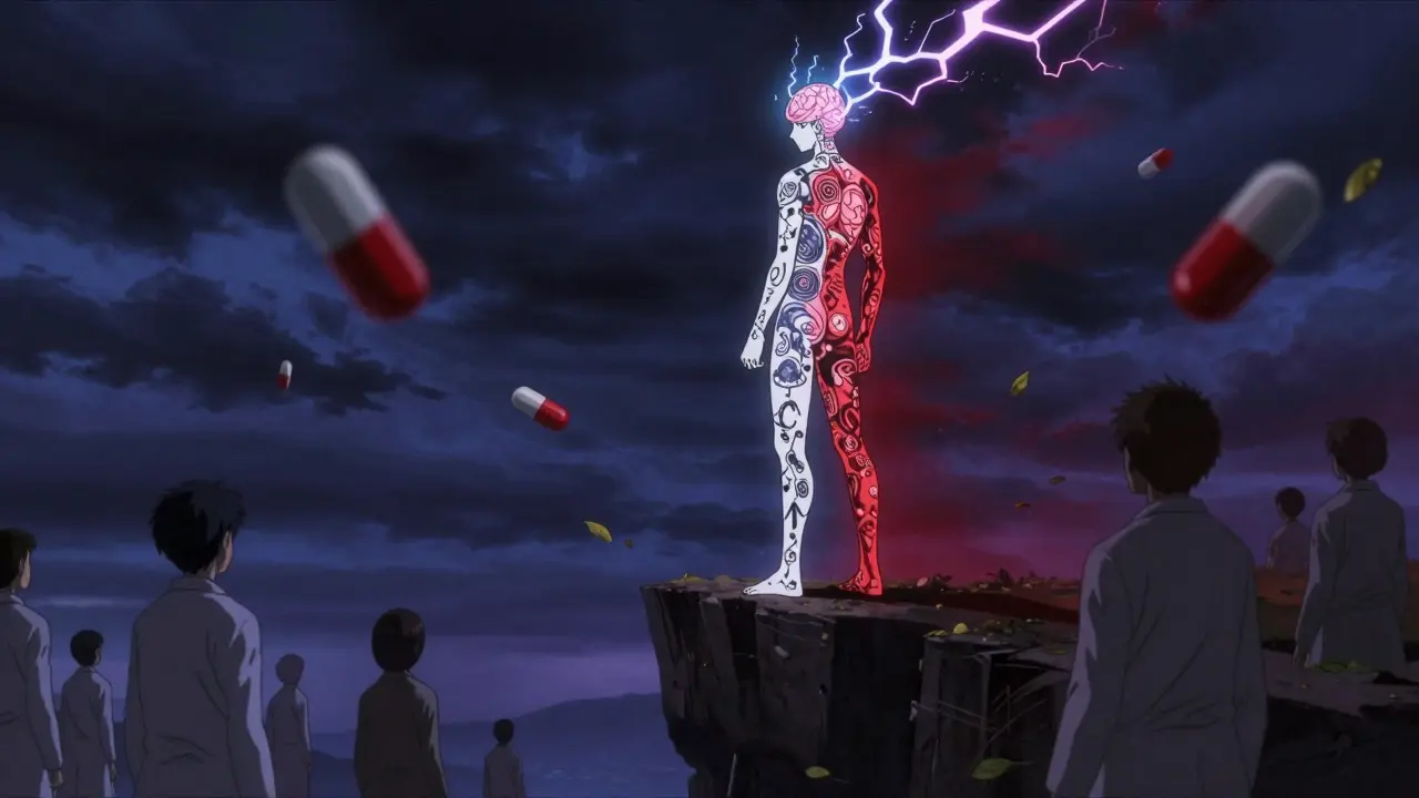 A figure at a cliff's edge, half-transformed into neural glyphs and electric shocks, symbolizing SSRI discontinuation and inner turmoil.