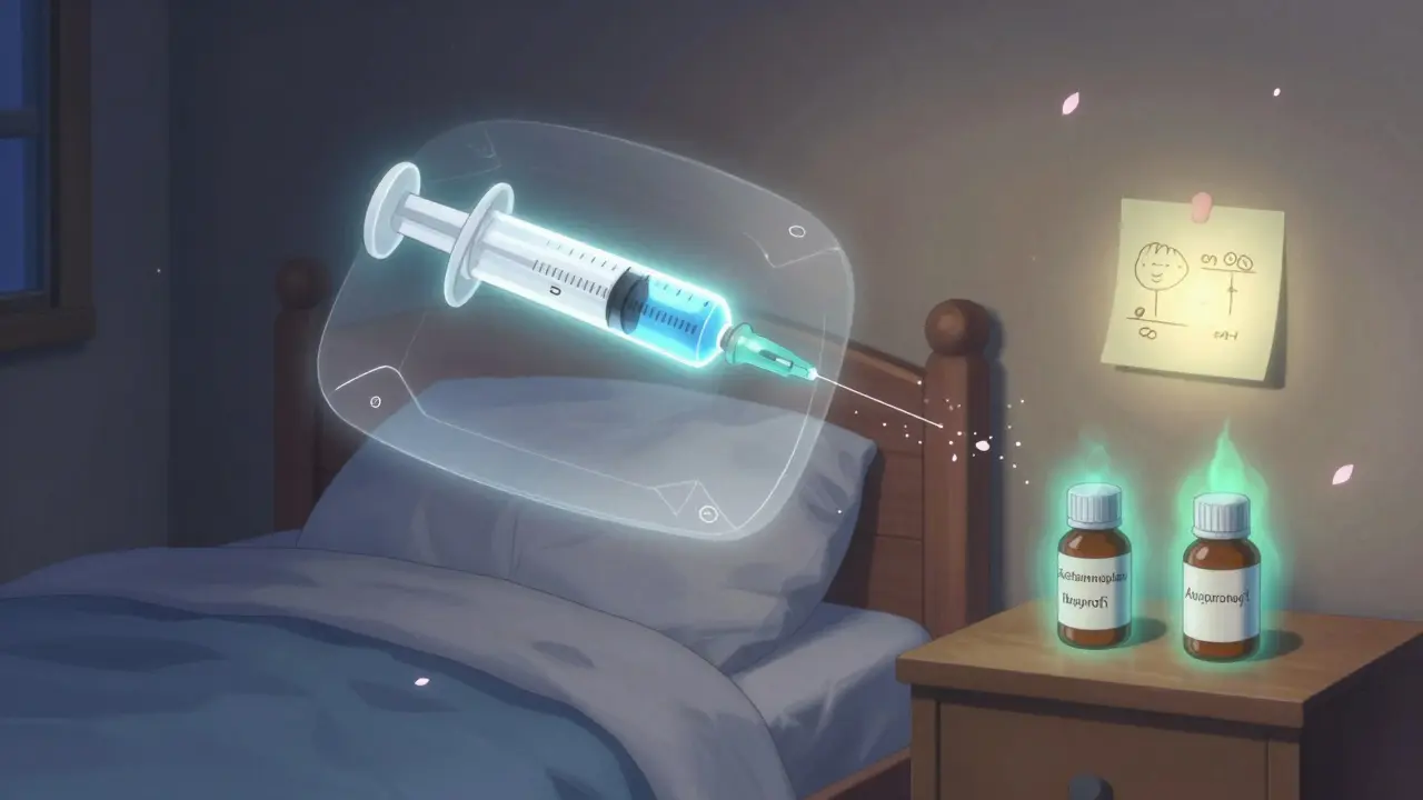 A floating dosing syringe measures medicine above a child’s bed, with glowing labels and weight note in background.