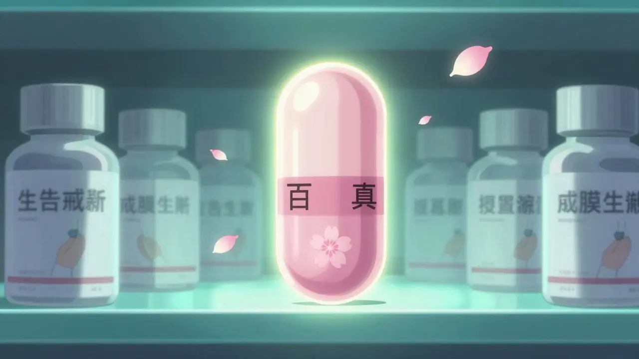 A glowing generic pill dominates a pharmacy shelf, other versions fading into mist.